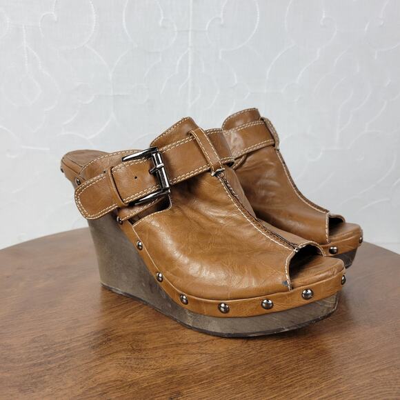 GC Womens Veronica Sandals 38 Brown Leather Peep Toe Buckle Wooden Chunky Wedge - Picture 1 of 13